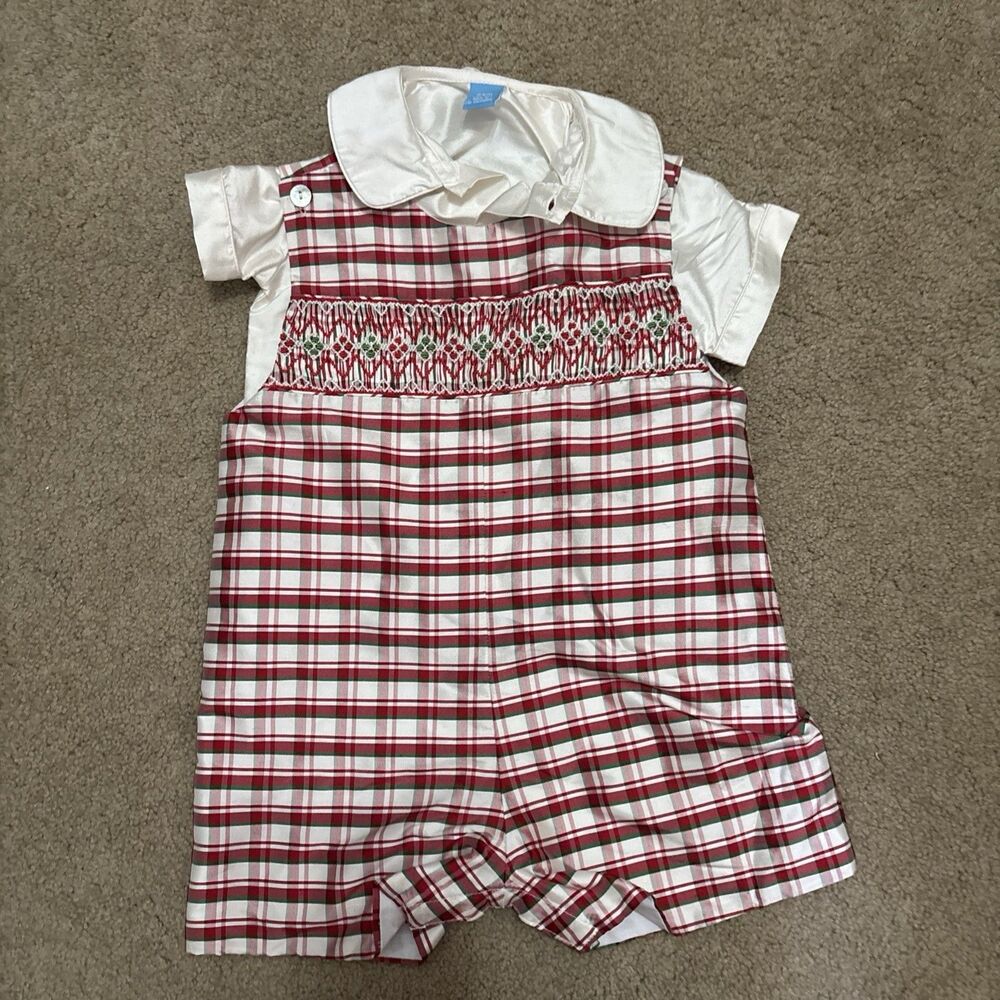Vintage XMAS White Green Red Plaid Outfit Shirt One Piece 24M